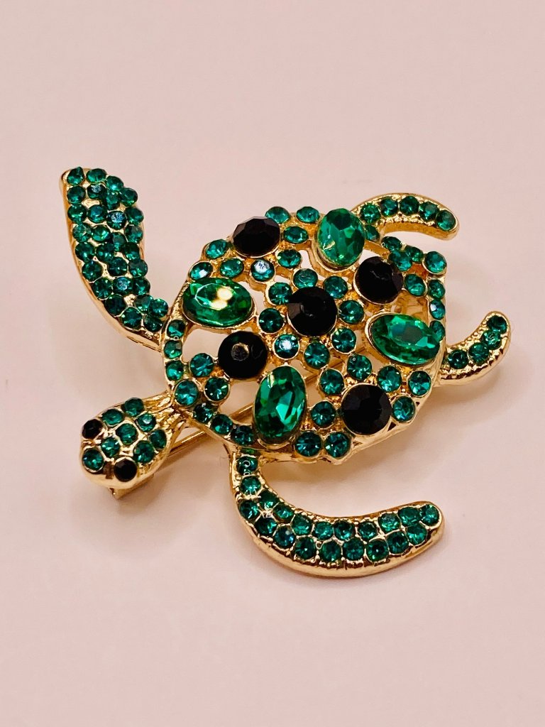 Gold-Tone Sea Turtle Brooch Green & Black Rhinestones -112b